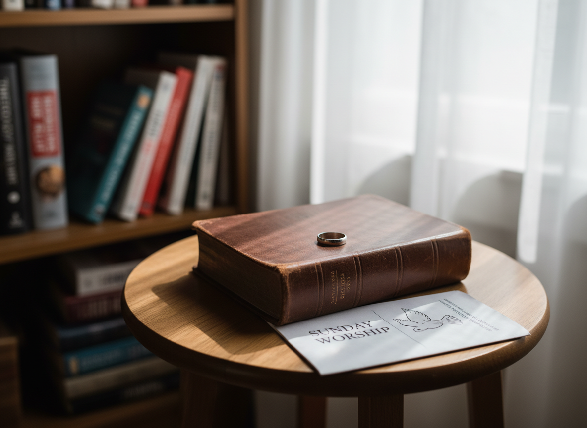 A well-worn leather Bible lies closed on a small wooden table, its cover softened and creased from years of use, with a slim silver ring resting on top beside a folded, slightly crumpled church bulletin. The table sits near a window in a modest living room, where soft overcast daylight filters through sheer curtains, casting gentle, elongated shadows. In the blurred background, a bookshelf holds a mix of theological texts and self-help books, some leaning, some upright. Photographic realism at eye level, with a shallow depth of field keeping the Bible, ring, and bulletin in sharp focus. The mood is contemplative and somber yet quietly hopeful, conveying the tension of faith, divorce, and healing without any human presence.