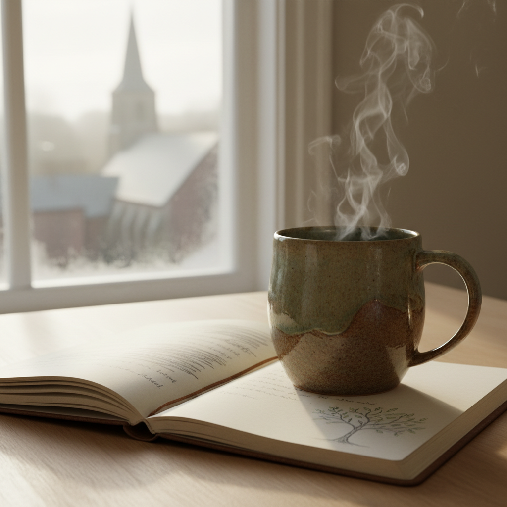 A sturdy ceramic mug of herbal tea, steam curling upward, rests beside an open journal on a pale wooden table near a large window. The journal’s pages show handwritten lines in soft gray pencil, with a few sentences crossed out and a simple sketch of a small tree with new leaves in the corner. Outside the slightly fogged window, the suggestion of a church steeple and rooftops appears softly blurred. Morning light diffuses into the room, creating a clean, gentle glow and faint reflections on the mug’s smooth surface. Shot from a slightly elevated angle with photographic realism and shallow depth of field, the scene feels safe, introspective, and quietly empowering—symbolizing a survivor’s private space for processing harmful church teachings and rebuilding her life.