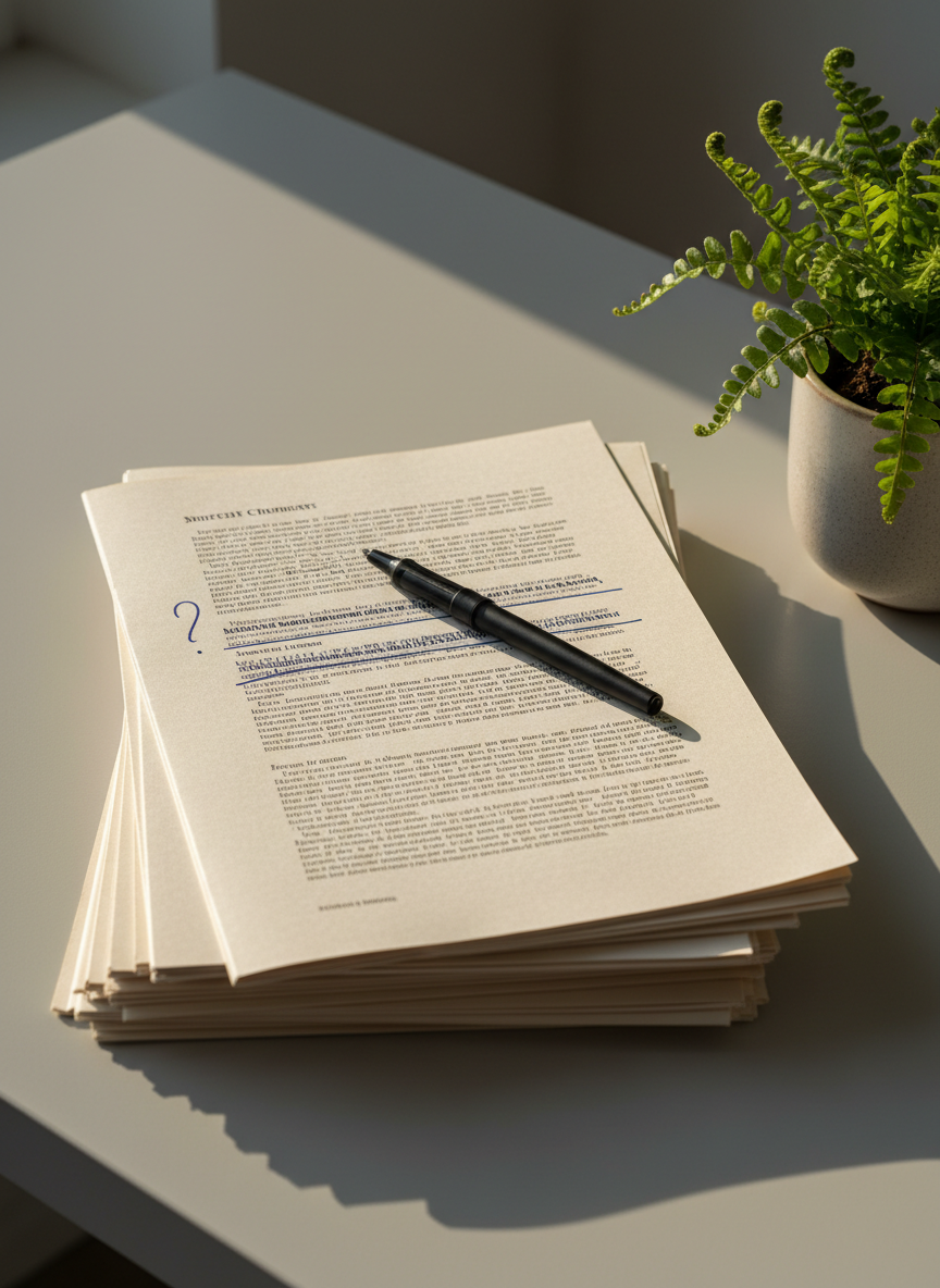 On a plain, light-gray desk sits a neatly stacked pile of printed church documents and pamphlets, corners slightly curled, their surfaces covered in small blocks of illegible text. A slim, matte-black pen lies diagonally across the top page, which has several firm, dark underlines and a bold question mark drawn in the margin. To the side, a small potted plant with fresh green leaves catches soft, late-afternoon window light, casting delicate shadows that reach across the papers. Photographic realism with a clean, modern aesthetic, shot at eye level with sharp focus throughout. The atmosphere is analytical yet hopeful, capturing the process of thoughtfully questioning poor interpretations and emotionally immature church counsel that can harm women in difficult marriages, while hinting at growth and healthier understanding.