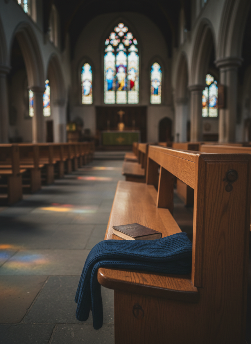 An empty wooden church pew photographed from the aisle, its smooth varnished surface showing faint scratches and dents, with a single knitted navy-blue scarf neatly folded at one end and a small, closed hymnal beside it. Sunlight slants in through high stained-glass windows, projecting softened patches of muted color onto the pews and stone floor, while most of the sanctuary remains in gentle shadow. The composition follows the rule of thirds, leading the eye down the receding rows of pews into a softly blurred altar area. Photographic realism with a calm, reflective atmosphere, subtly suggesting the absence, loss, and quiet resilience of women leaving harmful marriages, without any direct depiction of people or dramatic scenes.